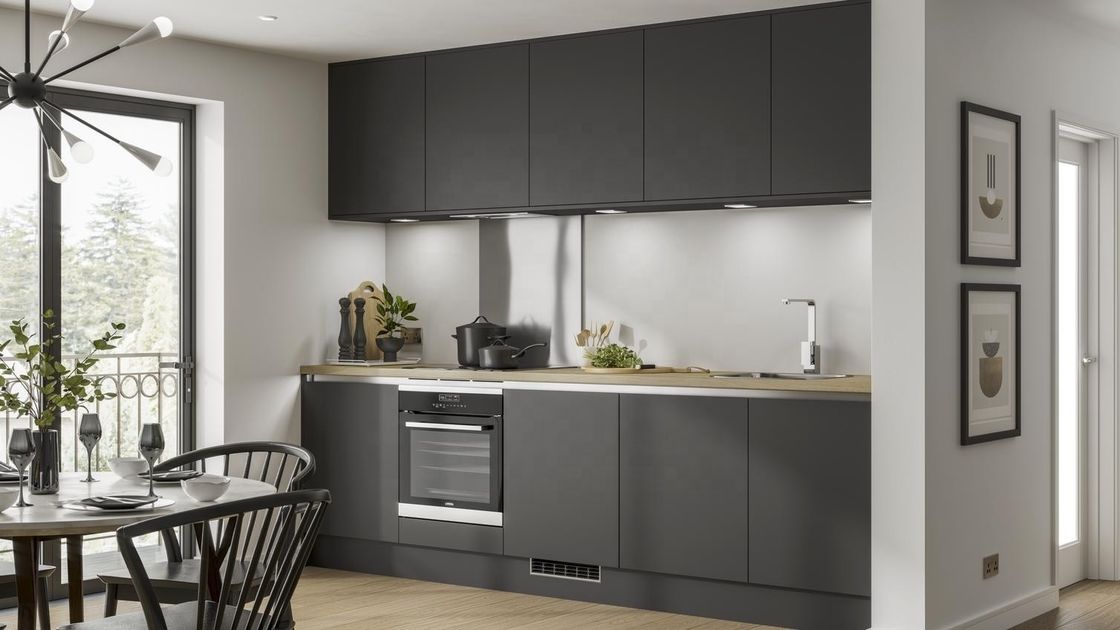 Gabinete de cocina de villa / apartamento con material de MDF MR súper duradero y acabado gris mate
