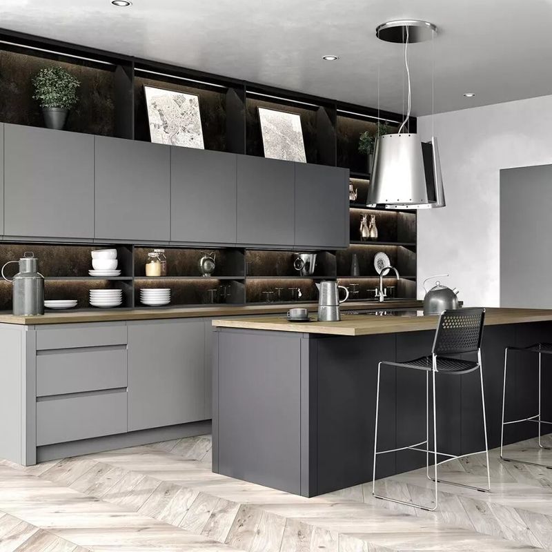 Gabinete de cocina de villa / apartamento con material de MDF MR súper duradero y acabado gris mate