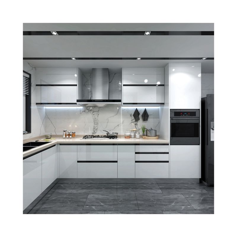 Muebles de cocina modernos de alto brillo con material de puerta HDF y acabado de chapa/laca