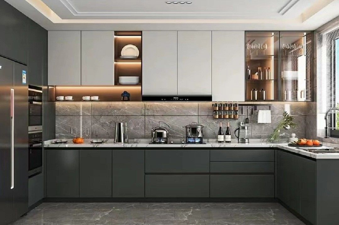 Puertas Shaker Madera sólida Pantry personalizada Pvc sencillo gabinete de cocina de oficina multifuncional
