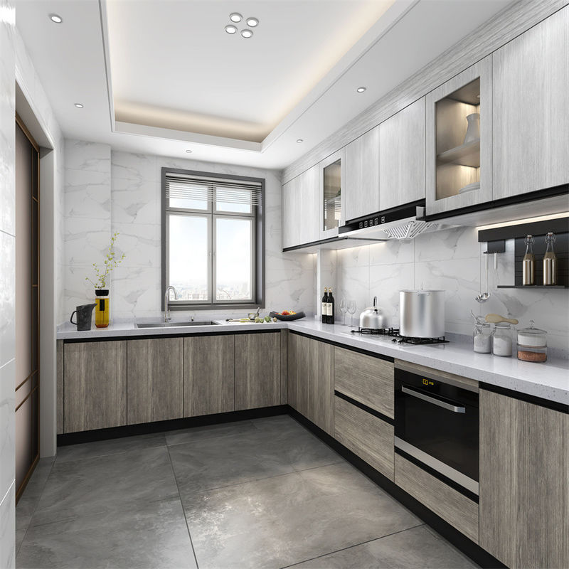 Accesorios de cajones Blum para 2022 Gabinete de cocina gris en renovación moderna de la villa