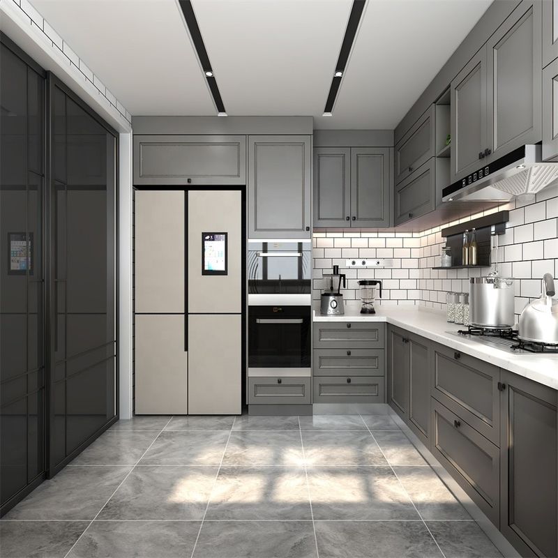 Material de la puerta del tablero de melamina Gabinete de cocina con escritorio de borde plano en blanco y marrón