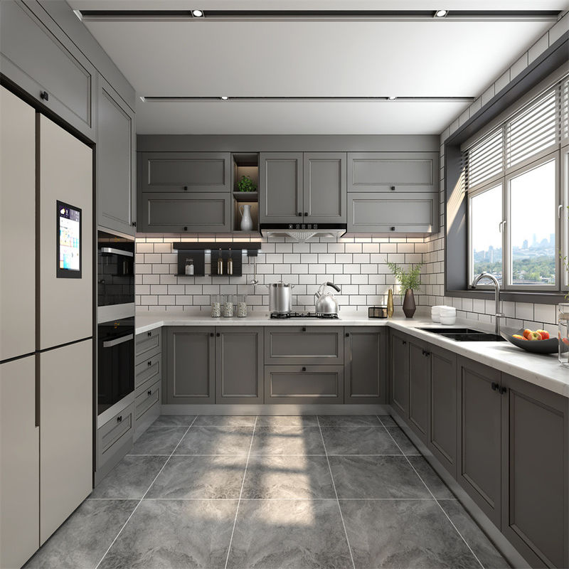 Material de la puerta del tablero de melamina Gabinete de cocina con escritorio de borde plano en blanco y marrón
