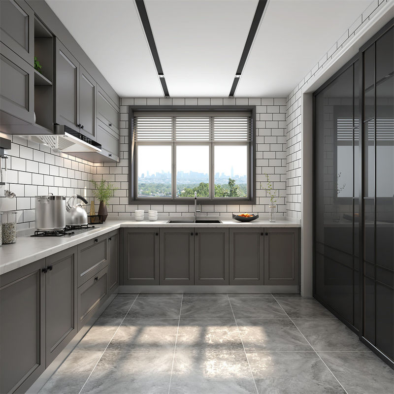 Material de la puerta del tablero de melamina Gabinete de cocina con escritorio de borde plano en blanco y marrón