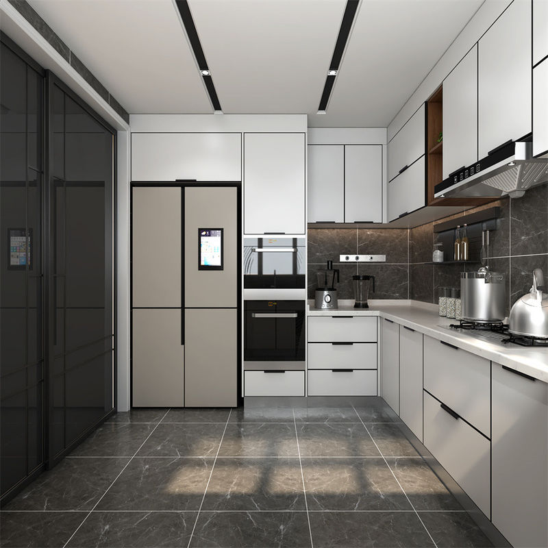 Material de la puerta del tablero de melamina Gabinete de cocina con escritorio de borde plano en blanco y marrón