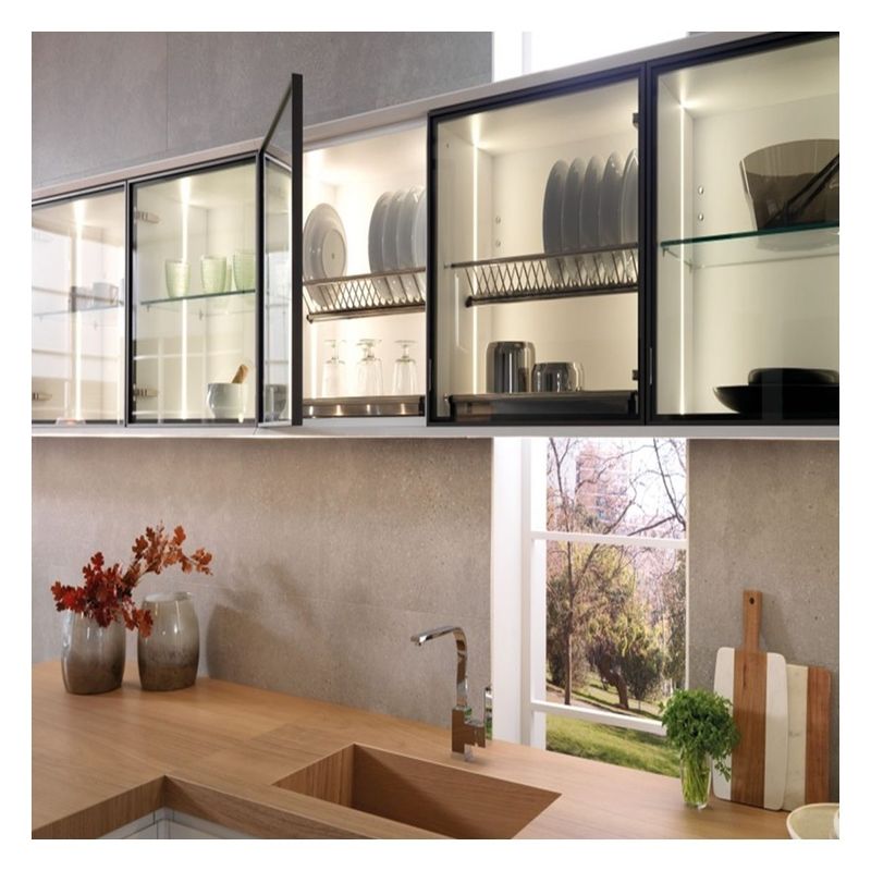 Accesorios del grifo Panel de vidrio oscuro Armoires de cocina modulares de madera sólida para el apartamento