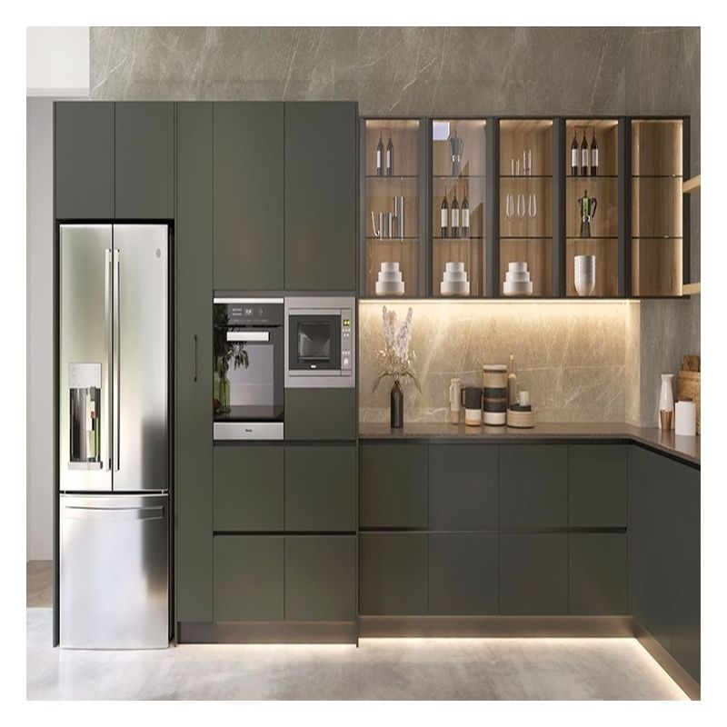 Accesorios del grifo Panel de vidrio oscuro Armoires de cocina modulares de madera sólida para el apartamento