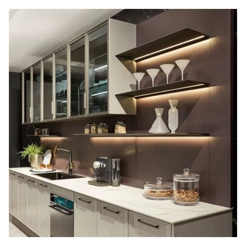 Accesorios del grifo Panel de vidrio oscuro Armoires de cocina modulares de madera sólida para el apartamento