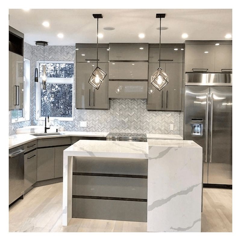 Accesorios del grifo Panel de vidrio oscuro Armoires de cocina modulares de madera sólida para el apartamento