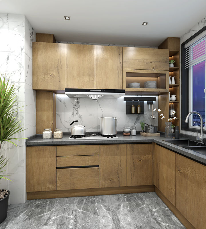Material de puerta de madera contrachapada de borde plano de alta gama impermeable de diseño moderno gabinete de cocina modular