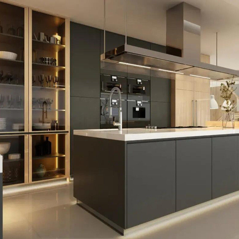 Gabinete de cocina modular de diseño moderno personalizado con puertas de acabado de madera sólida y laca