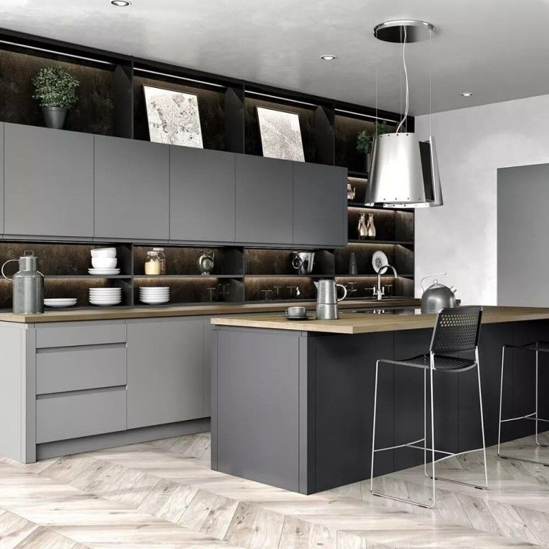 Color mezclado personalizado conjunto completo gabinete de armario de cocina borde plano acabado de laca UV