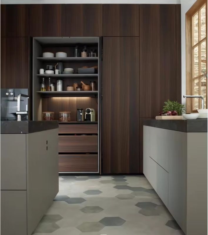 Ventaja a prueba de fuego en el estilo moderno del armario de cocina de madera de chapa y isla