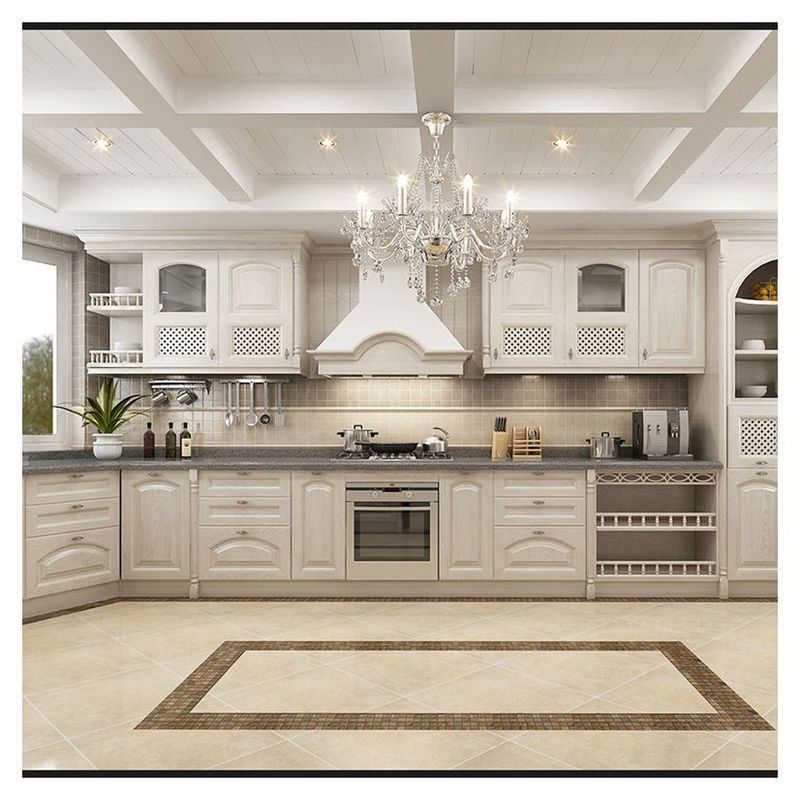 Gabinete de cocina de madera sólida moderna con panel de puerta de membrana de PVC y diseños distintivos