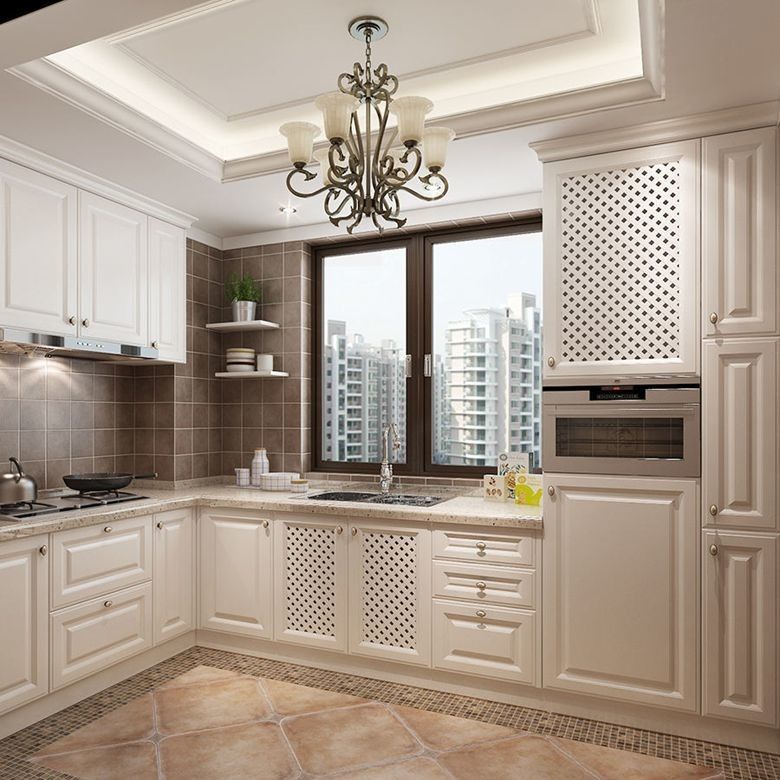 Gabinete de cocina de madera sólida moderna con panel de puerta de membrana de PVC y diseños distintivos