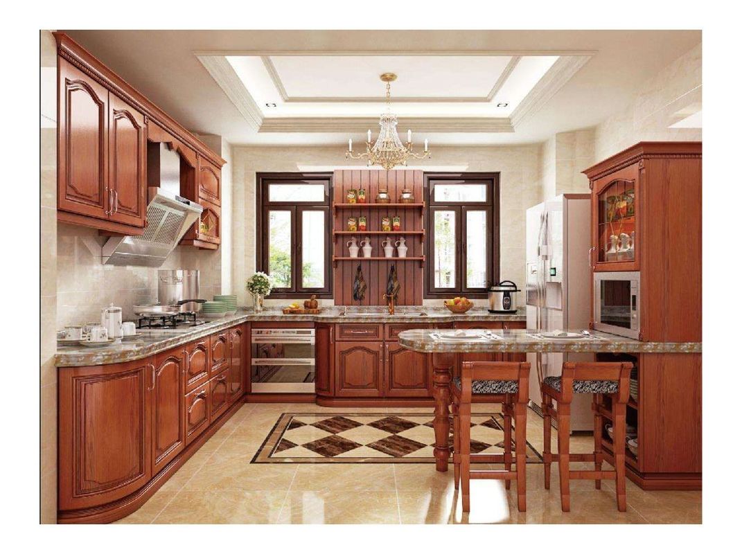 Gabinete de cocina de madera sólida moderna con panel de puerta de membrana de PVC y diseños distintivos