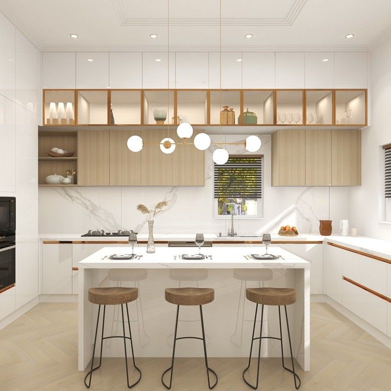Gabinete de cocina moderno de laca blanca con panel de puerta acrílico y encimera de piedra de cuarzo