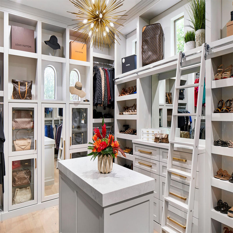 Armario específico YALIG White Walk-in Closet Armario de lujo con cajones y estante de pantalones