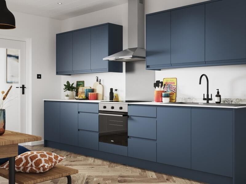 Armario de cocina de conjunto completo de Vietnam con material Mdf grabado en estilo de diseño moderno