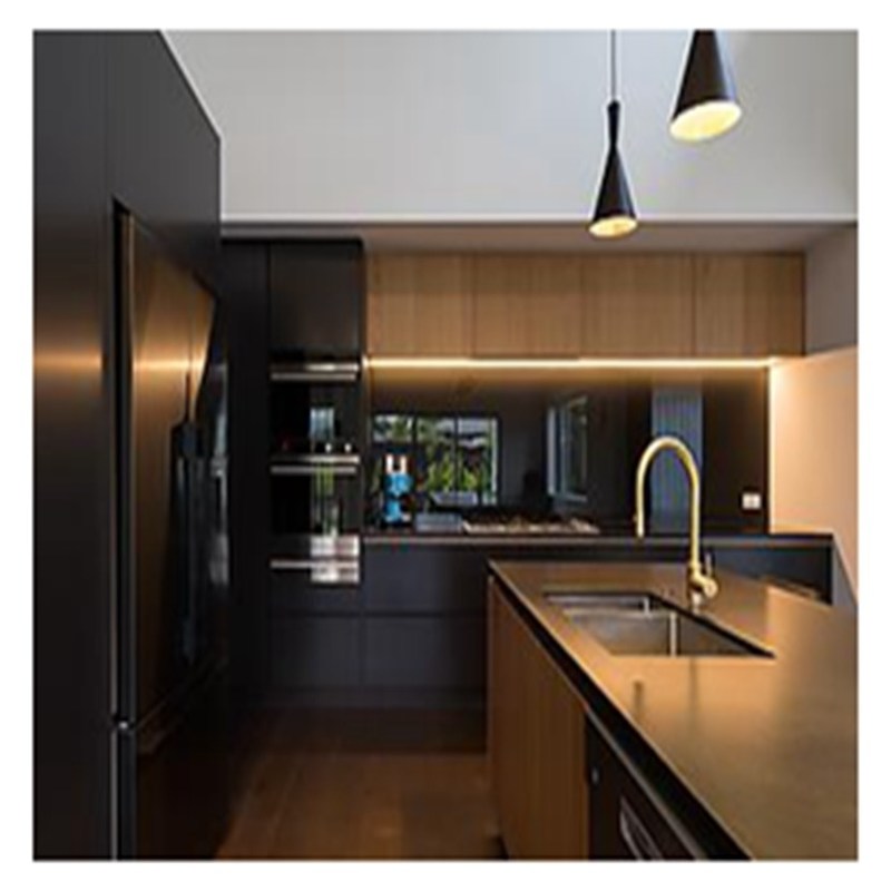 Cabinetes de cocina modulares Descuento Puertas de cartón de melamina de grano oscuro para cocinas grandes