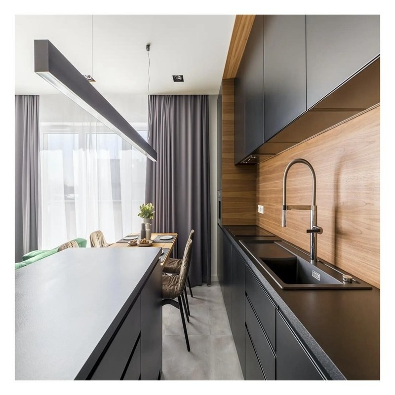 Cabinetes de cocina modulares Descuento Puertas de cartón de melamina de grano oscuro para cocinas grandes