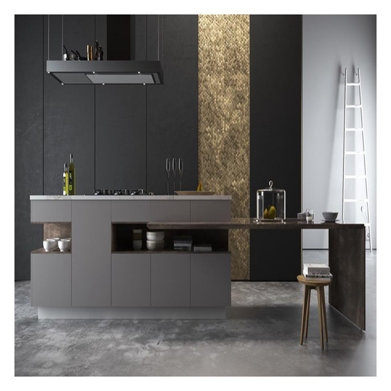 Cabinetes de cocina modulares Descuento Puertas de cartón de melamina de grano oscuro para cocinas grandes