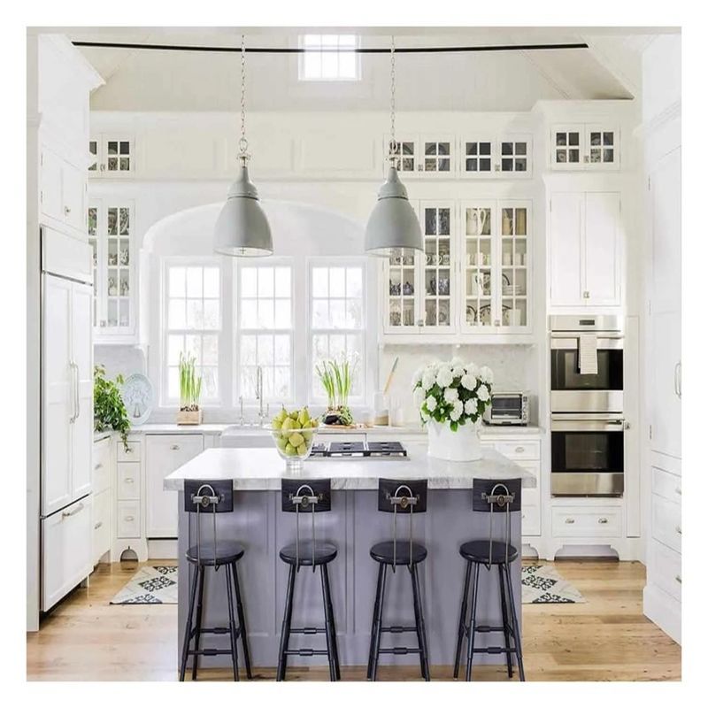 Vender gabinetes de cocina modulares de aluminio blanco enmarcado en vidrio superior con material de puerta MDF