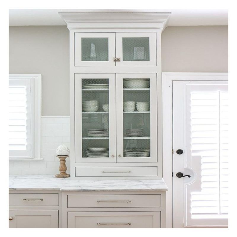 Vender gabinetes de cocina modulares de aluminio blanco enmarcado en vidrio superior con material de puerta MDF