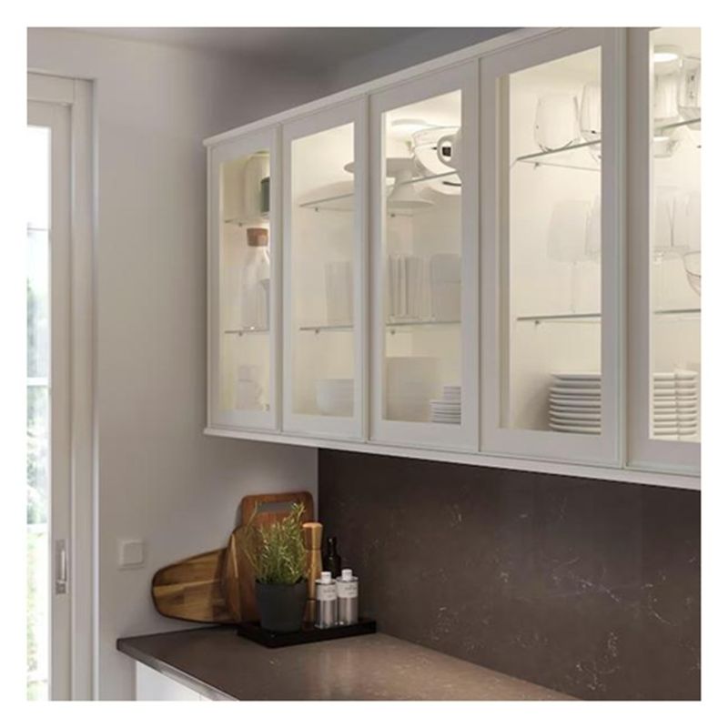 Vender gabinetes de cocina modulares de aluminio blanco enmarcado en vidrio superior con material de puerta MDF