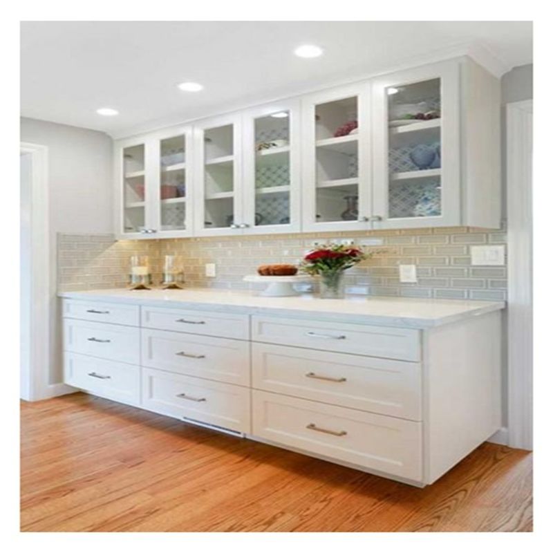 Vender gabinetes de cocina modulares de aluminio blanco enmarcado en vidrio superior con material de puerta MDF