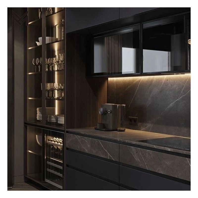 Cabinetes de cocina de madera contrachapada con puerta de madera contrachapada con paneles de vidrio personalizados de alta gama