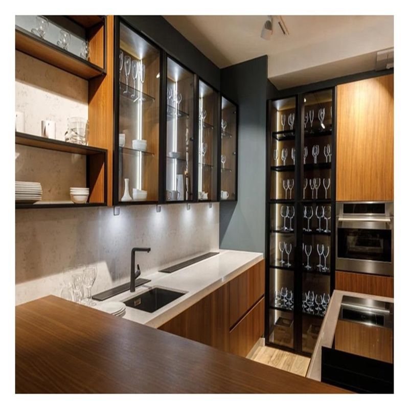 Cabinetes de cocina de madera contrachapada con puerta de madera contrachapada con paneles de vidrio personalizados de alta gama