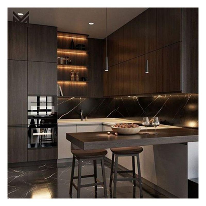 Cabinetes de cocina de madera contrachapada con puerta de madera contrachapada con paneles de vidrio personalizados de alta gama
