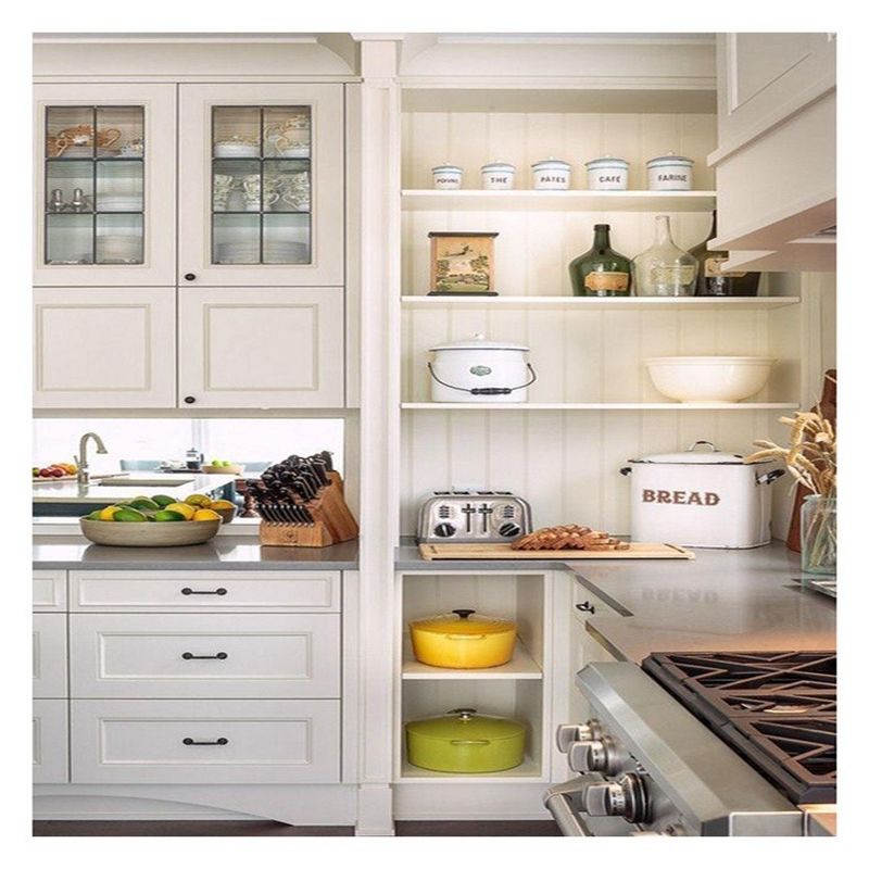 Cabinetes de vidrio de madera sólida de madera blanca moderna Solución de ahorro de espacio para cocinas pequeñas