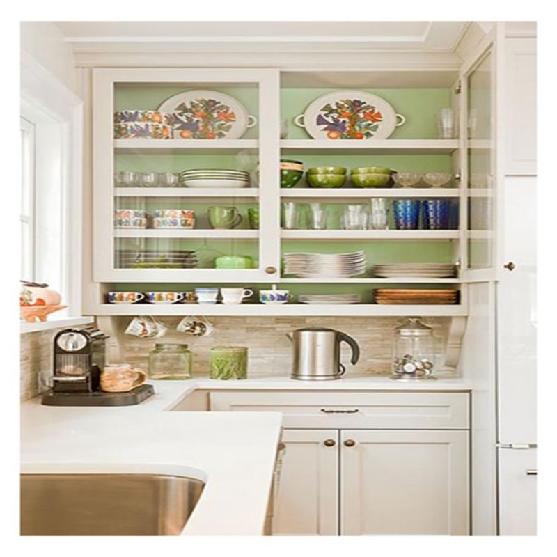 Cabinetes de vidrio de madera sólida de madera blanca moderna Solución de ahorro de espacio para cocinas pequeñas