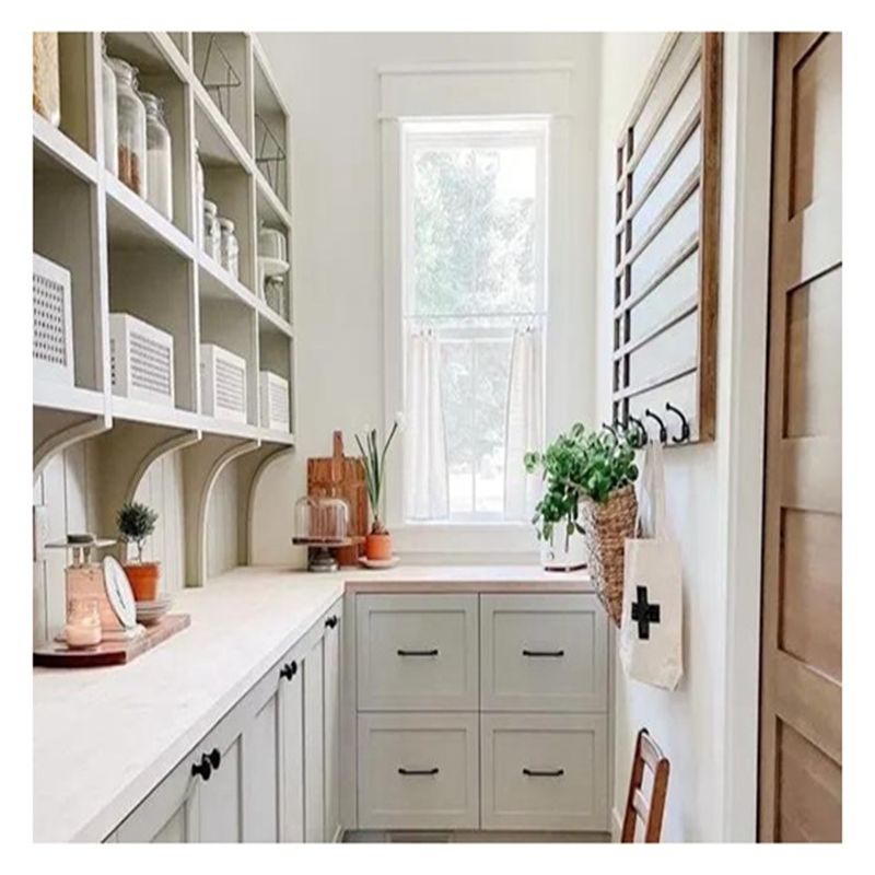 Cabinetes de vidrio de madera sólida de madera blanca moderna Solución de ahorro de espacio para cocinas pequeñas