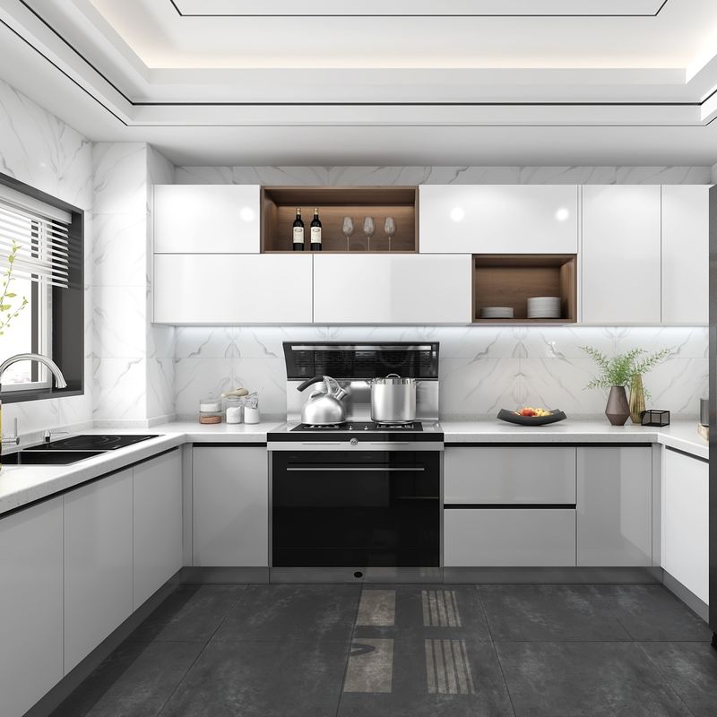 Proyecto de cocina YALIG de línea recta plata 2 Pac con isla pequeña