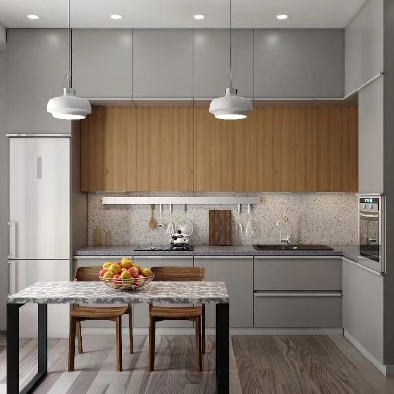 Proyecto de cocina YALIG de línea recta plata 2 Pac con isla pequeña