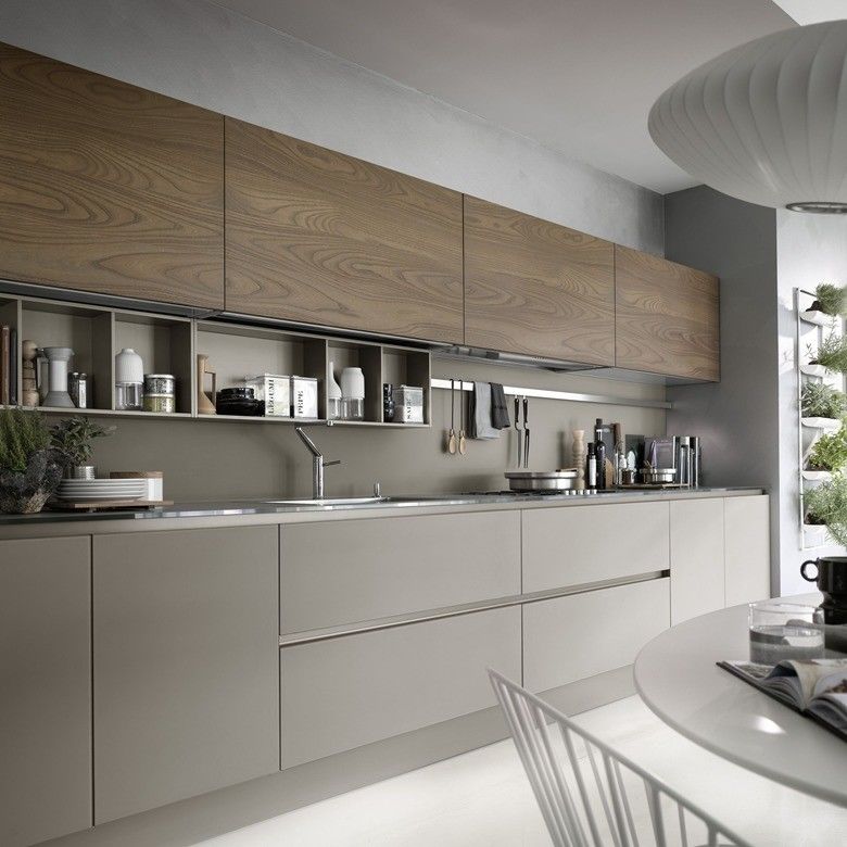 Armarios de almacenamiento Blum sin mango gris claro mate para diseño de muebles de cocina modernos