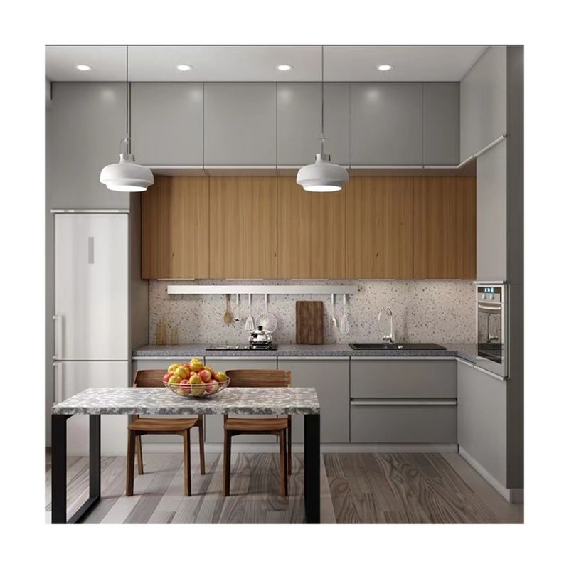 Armarios de almacenamiento Blum sin mango gris claro mate para diseño de muebles de cocina modernos