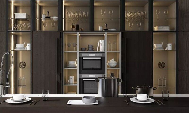 Cabinet de cartón de melamina Tipo de todo el diseño de vidrio Cocina Esquina Muebles Manija de ventilación