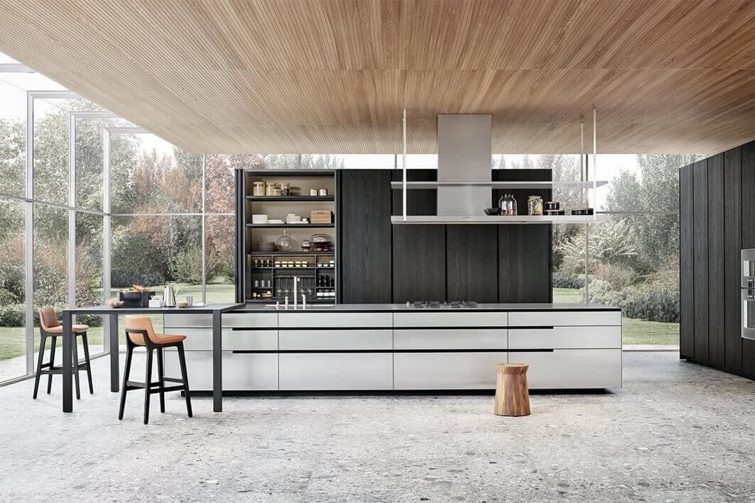 Gabinete de la despensa de la cocina exterior de diseño moderno en color negro con hardware de barra y Blum