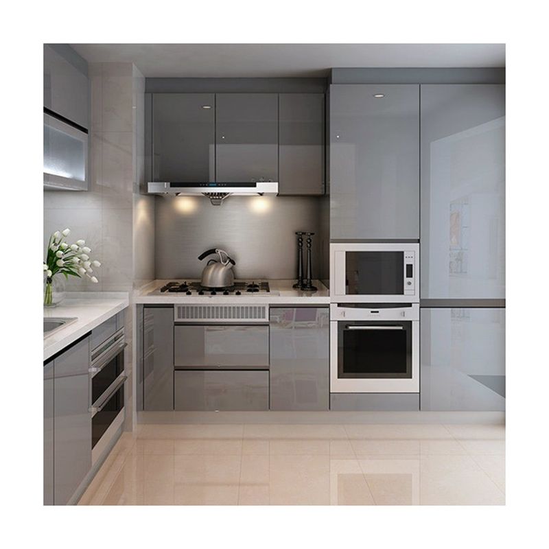 Gabinete de cocina interior moderno con forma de isla gris y puertas de MDF a un precio asequible