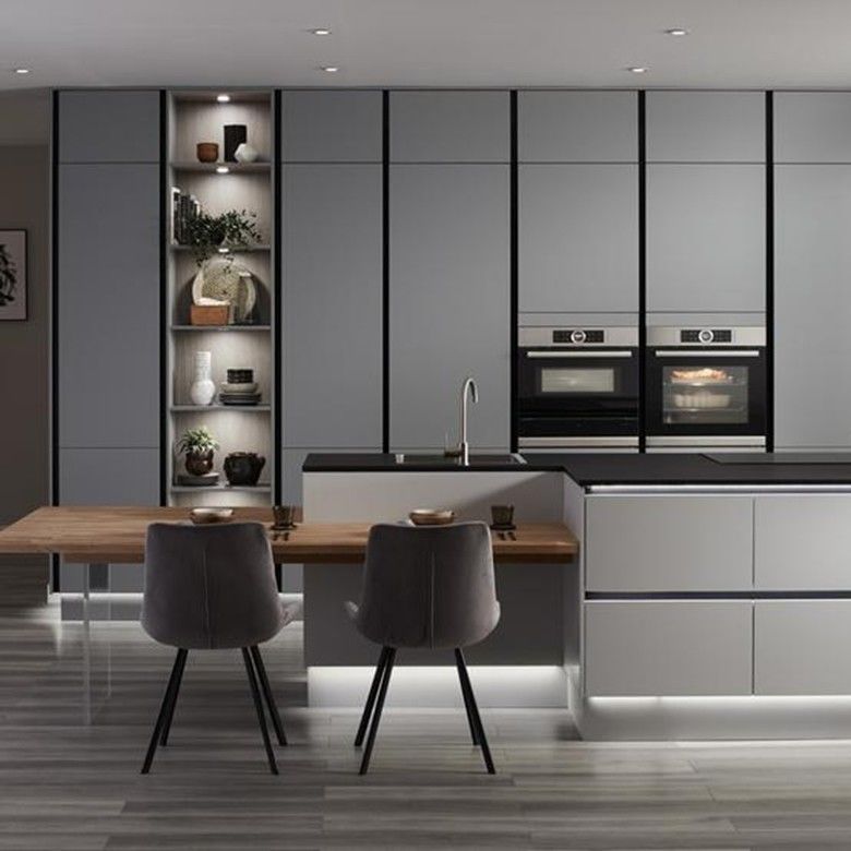 Muebles de cocina modernos con hardware Blum y diseño de madera de color carilla personalizado