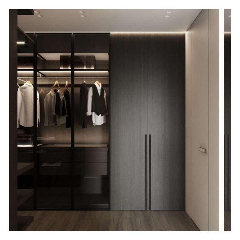 Panel de puerta de vidrio negro marco de aluminio estilo moderno luz armario de lujo para el apartamento