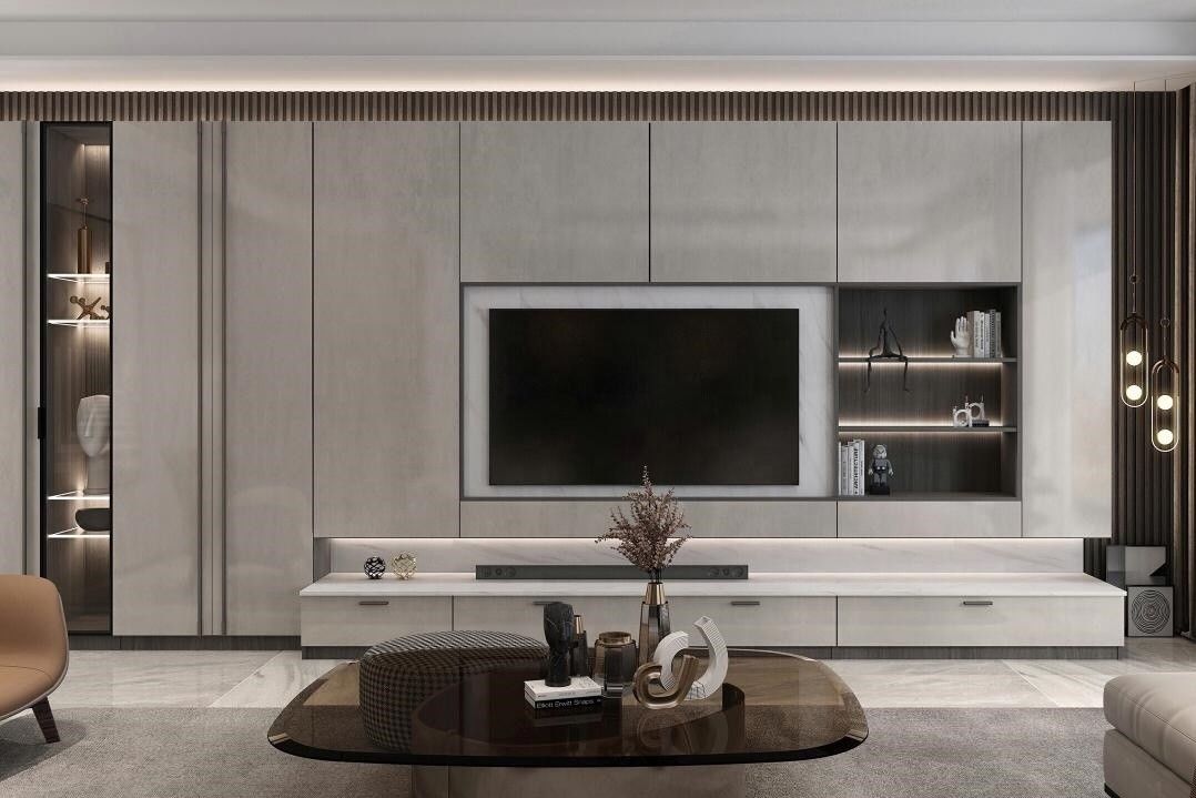 2022 Ideas de decoración de paredes para el interior de la casa Sala de estar moderna Diseño de gabinete de TV de panel de madera