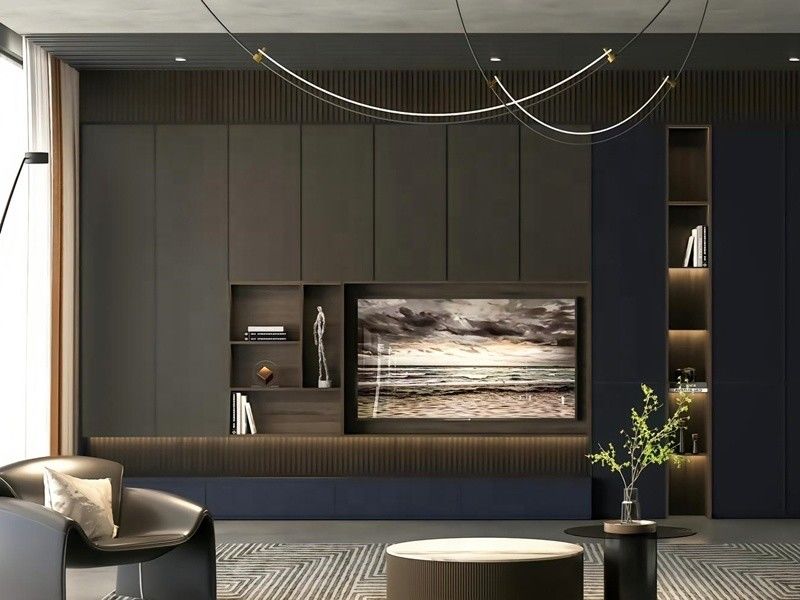 2022 Ideas de decoración de paredes para el interior de la casa Sala de estar moderna Diseño de gabinete de TV de panel de madera