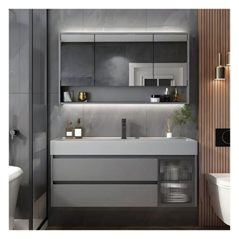 Vanidad de baño de madera maciza gris lacada con panel de puerta de vidrio y diseño de cuenca integral