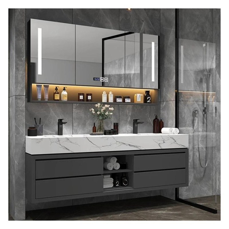 Vanidad de baño de madera maciza gris lacada con panel de puerta de vidrio y diseño de cuenca integral