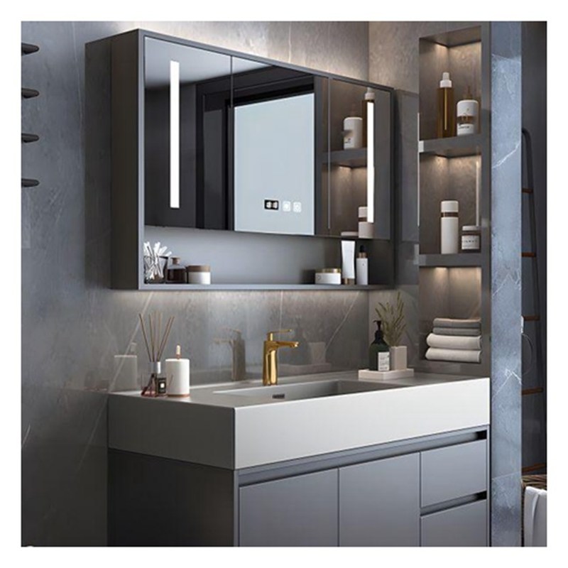 Vanidad de baño de madera maciza gris lacada con panel de puerta de vidrio y diseño de cuenca integral